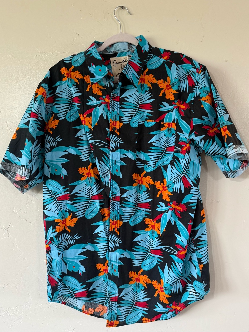 Tilly's Black Tropical Floral Short Sleeve Shirt with Blue and Orange Print